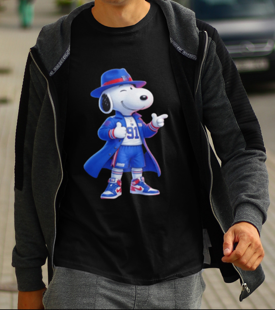 Snoopy New York Giants Football Player Cartoon Blue Coat And Hat T-Shirt