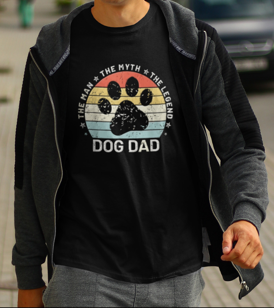 The Man The Myth The Legend Dog Dad Distressed Paw Rainbow Sunset T-Shirt