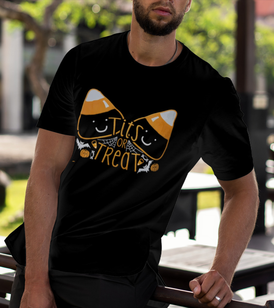 Halloween Candy Corn Faces Tits Or Treat With Spiders Webs Bats Pumpkins T-Shirt