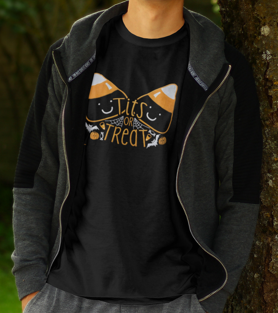 Halloween Candy Corn Faces Tits Or Treat With Spiders Webs Bats Pumpkins T-Shirt