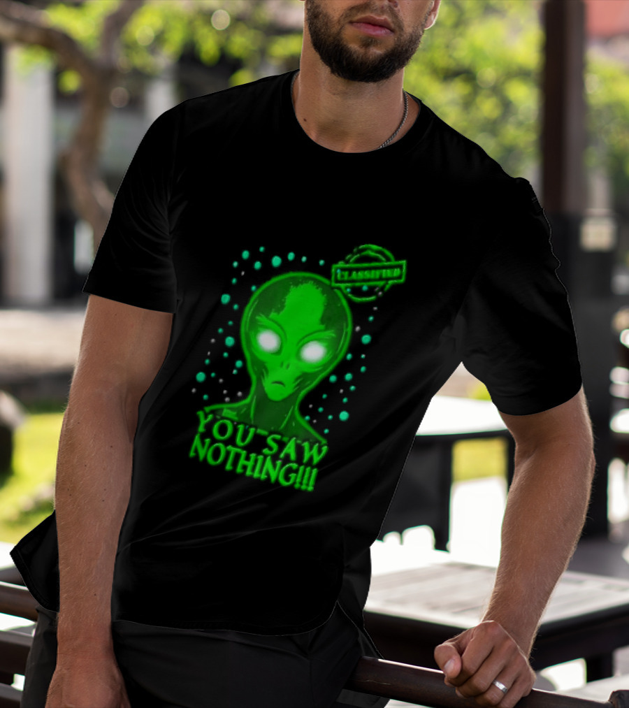Green Alien You Saw Nothing Glowing Eyes UFO Dots T-Shirt