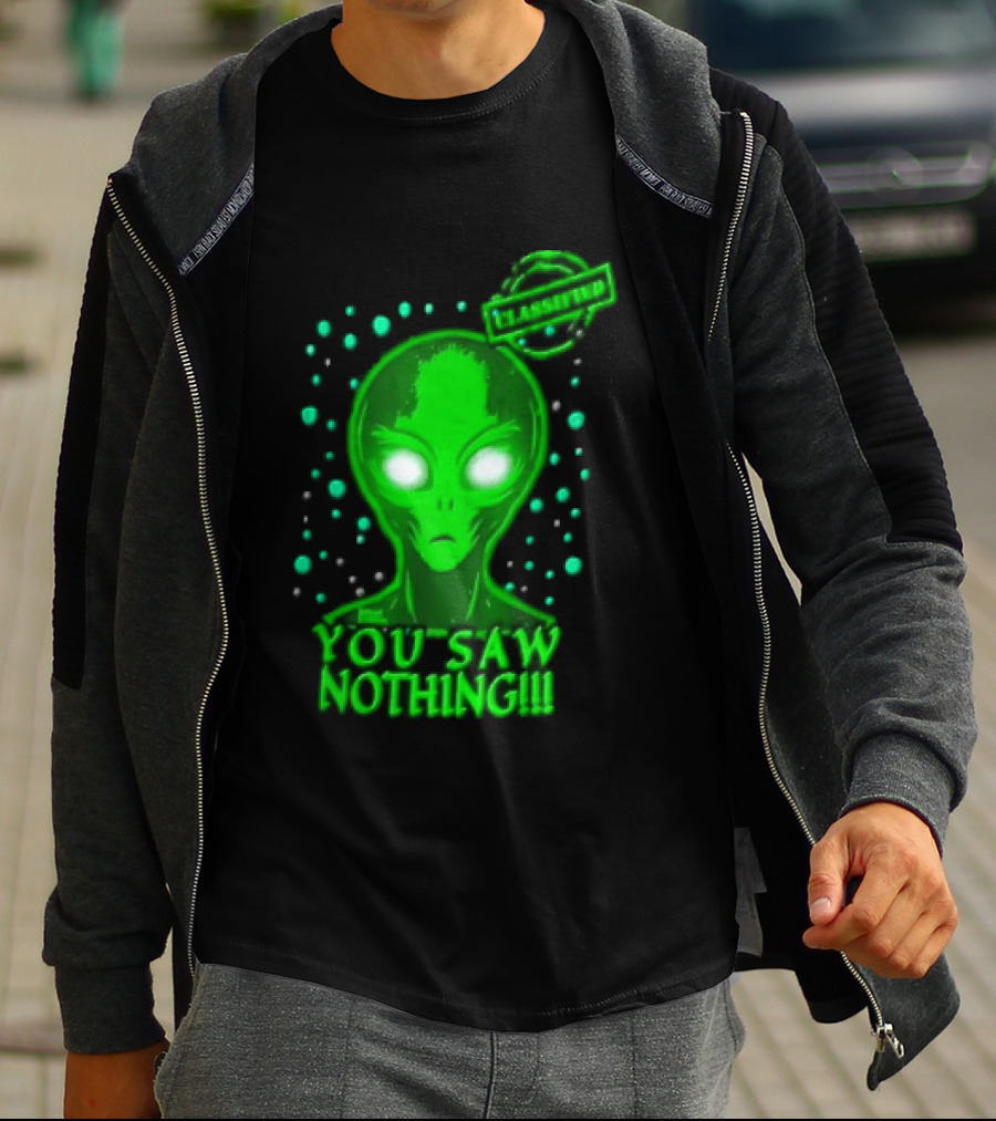 Green Alien You Saw Nothing Glowing Eyes UFO Dots T-Shirt