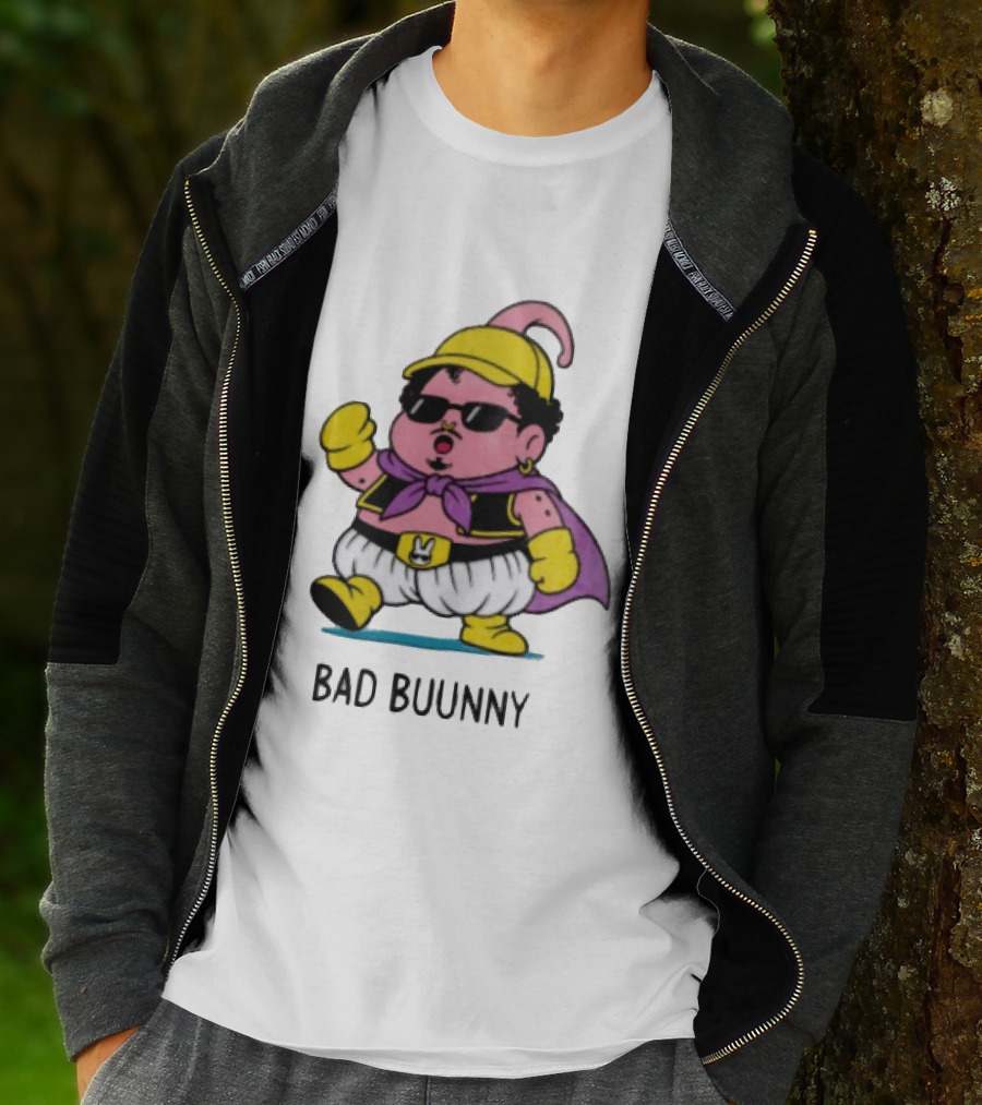 Bad Buunny Pink Majin Buu Sunglasses Yellow Hat Cape Cartoon T-Shirt