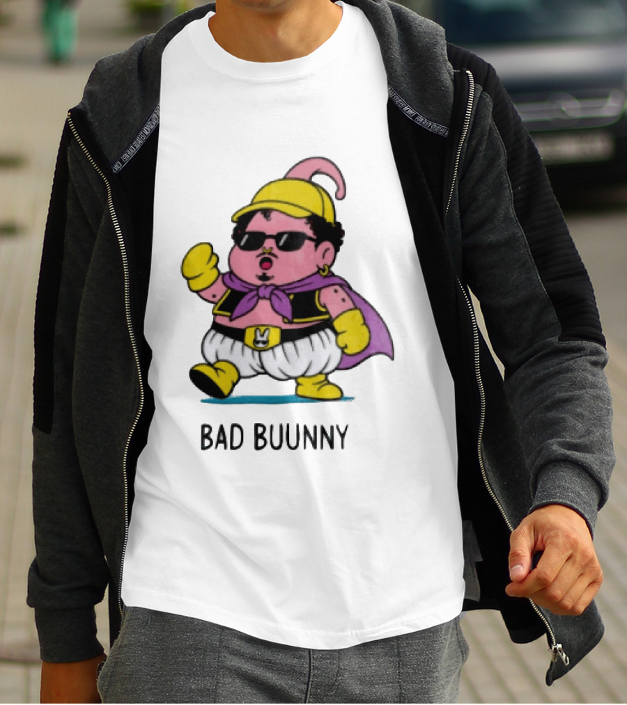 Bad Buunny Pink Majin Buu Sunglasses Yellow Hat Cape Cartoon T-Shirt