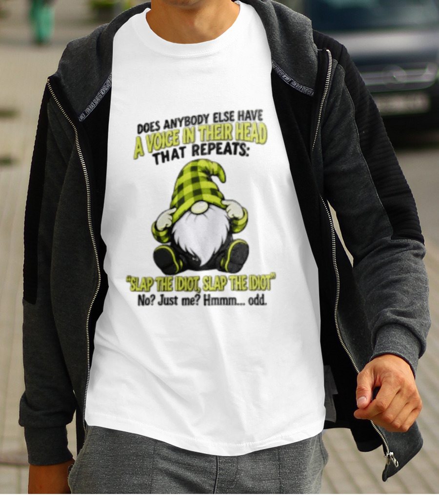 Does Anybody Else Have A Voice In Their Head That Repeats Slap The Idiot Slap No Just Me Hmmm Odd Gnome In Green Hat T-Shirt