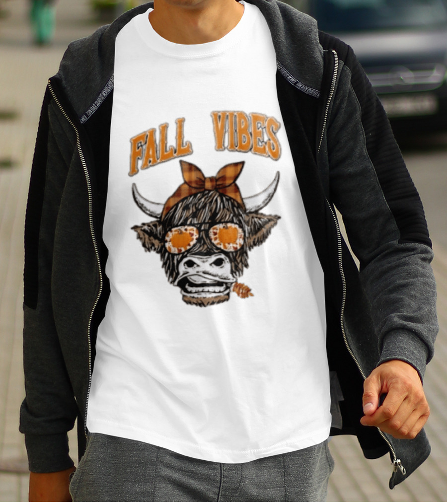 Fall Vibes Highland Cow Plaid Bow Sunglasses Pumpkins T-Shirt