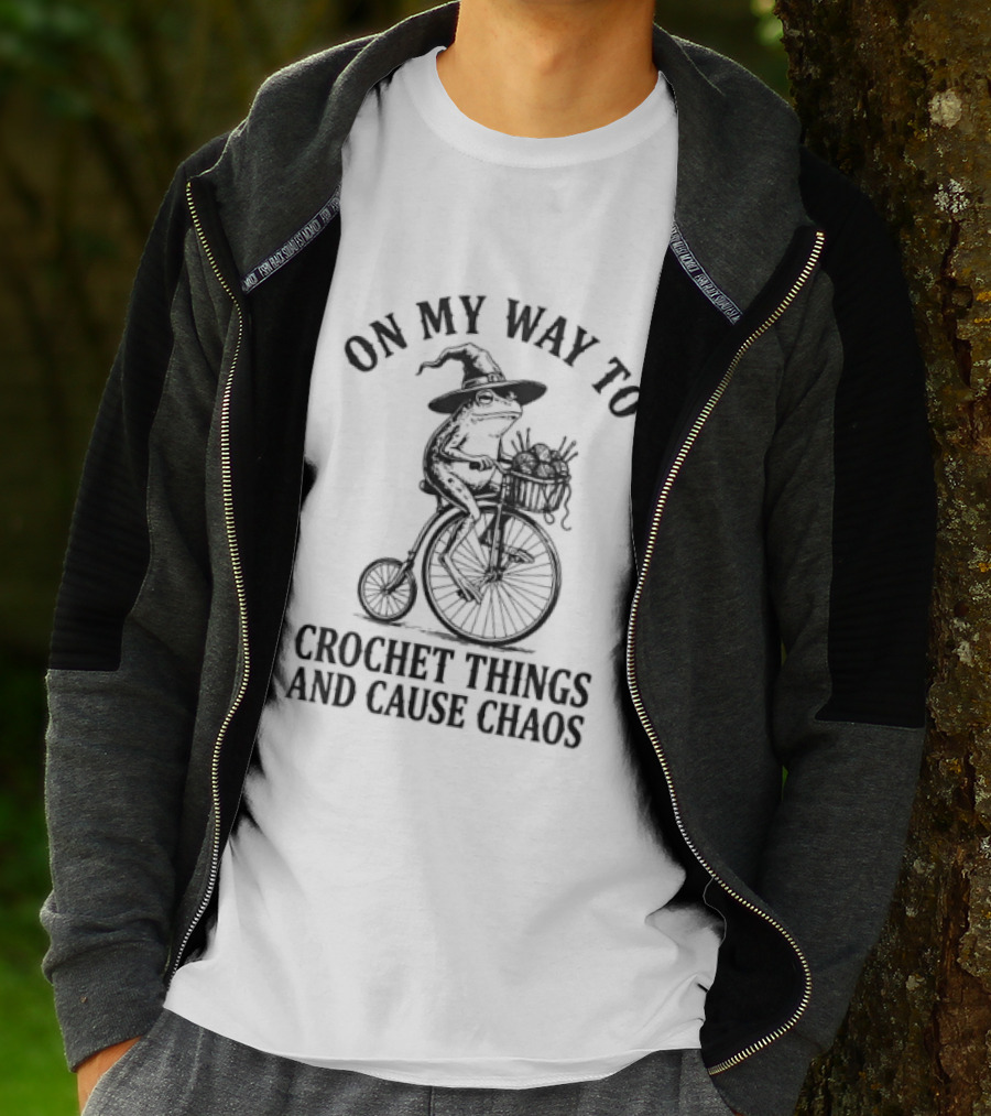 On My Way To Crochet Things And Cause Chaos Frog Riding Bike T-Shirt