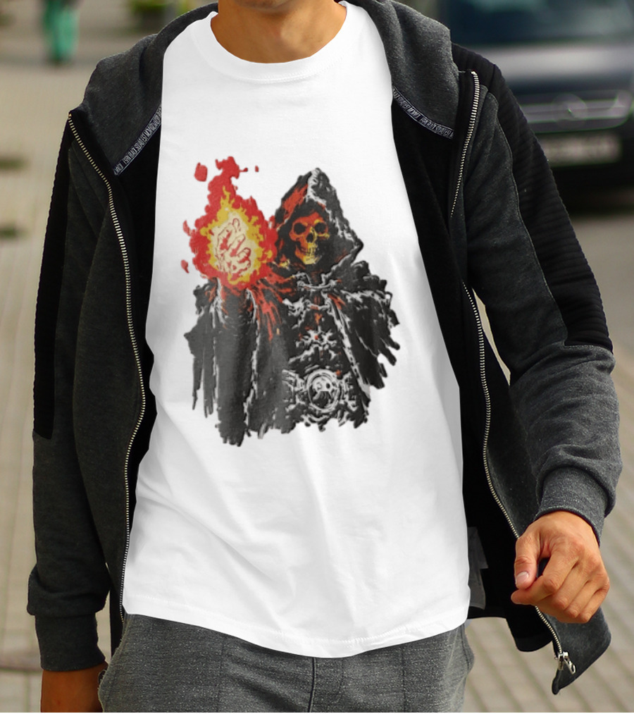 Skeleton Holding Fire Skeletor Hooded Cloak And Fiery Fist T-Shirt