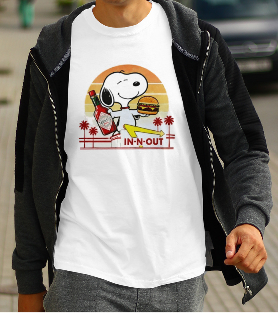 Snoopy Holding Tabasco Bottle And In N Out Burger Delightful Combination T-Shirt