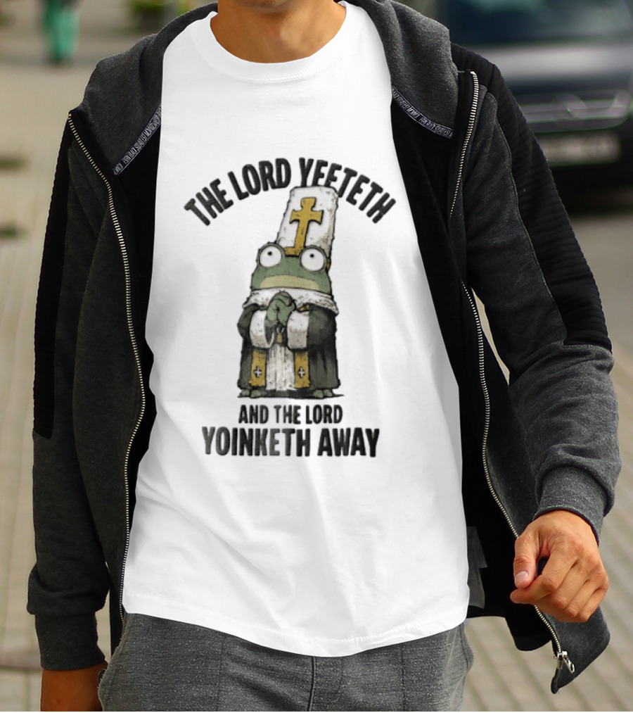 The Lord Yeeteth And The Lord Yoinketh Away Frog In Religious Vestments With Mitre Praying T-Shirt