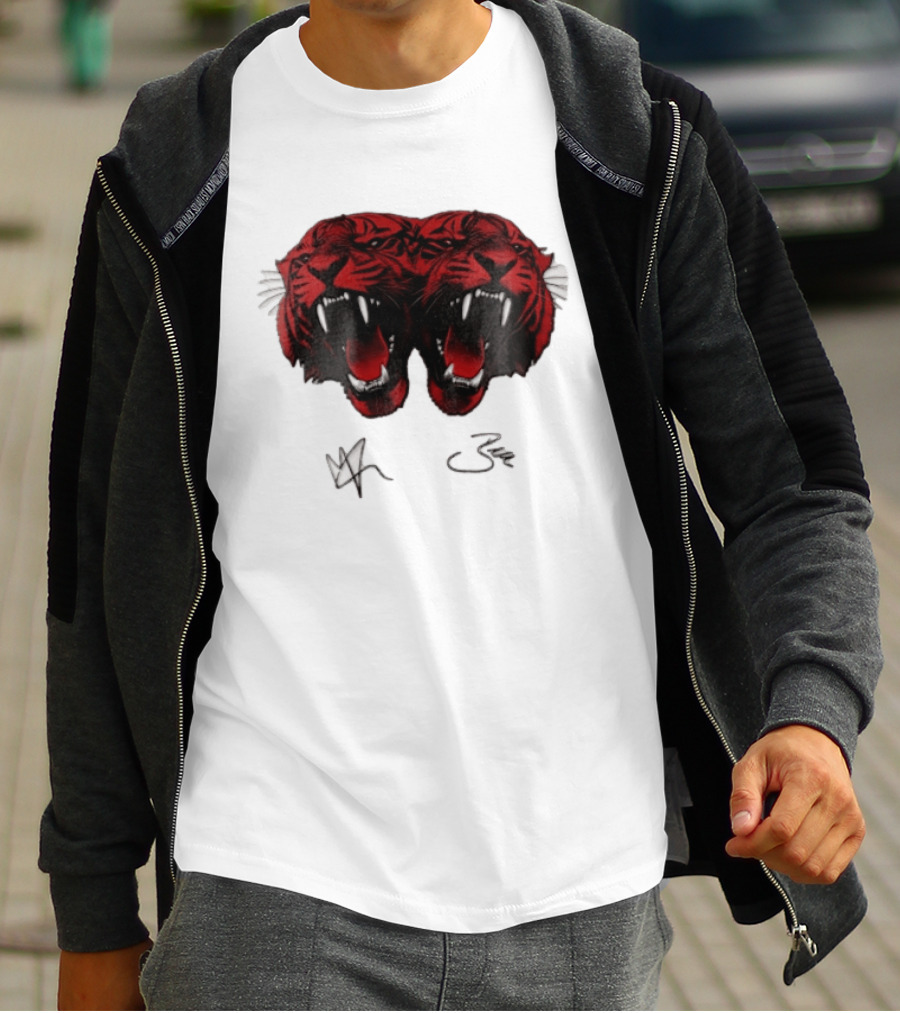 Tigers Heads Roaring Red Dual Fierce Animal T-Shirt