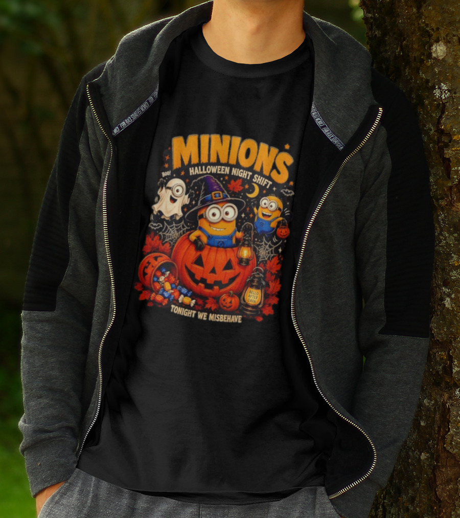 Minions Halloween Night Shift Bello After Dark Tonight We Misbehave Ghosts Pumpkins T-Shirt