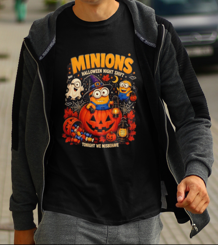 Minions Halloween Night Shift Bello After Dark Tonight We Misbehave Ghosts Pumpkins T-Shirt