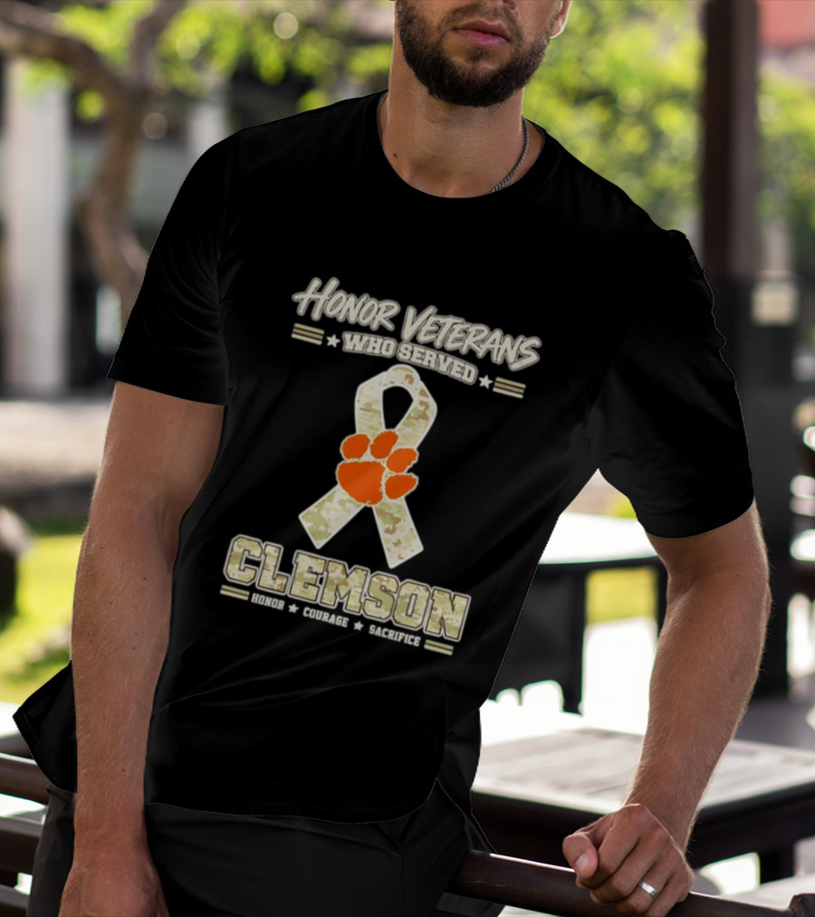 Honor Veterans Who Served Clemson Tigers Honor Courage Sacrifice Camouflage Ribbon T-Shirt