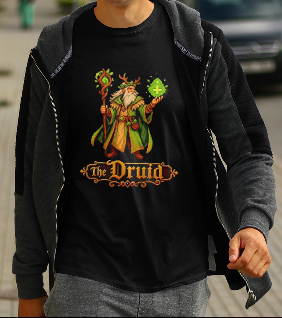 The Druid 16 Bit Game Cartoon Pixel Art Mage With Staff And Potion T-Shirt
