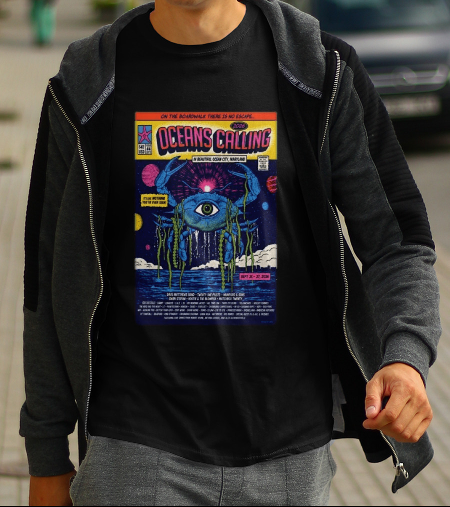 Oceans Calling Festival 2026 Ocean City Maryland Lineup Dave Matthews Band The Lumineers Alanis Morissette 9 25 27 Crab Eye Comic T-Shirt