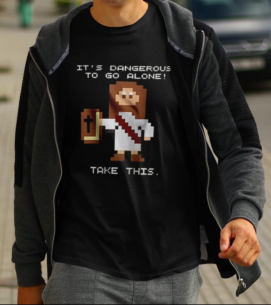 It's Dangerous To Go Alone Take This Jesus Pixel Art Holding Bible T-Shirt