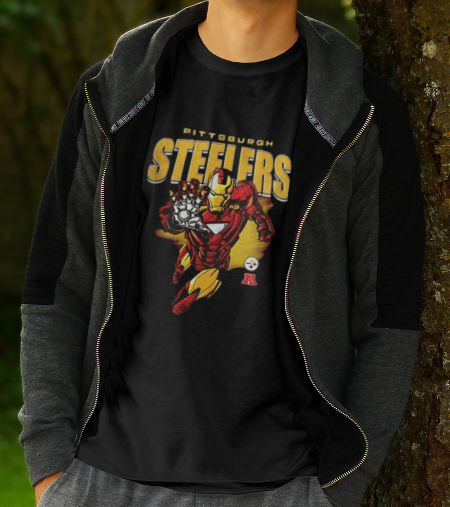 Pittsburgh Steelers Iron Man Flying Forward Graphic Suit Officially Licensed NFL Marvel Collaboration T-Shirt