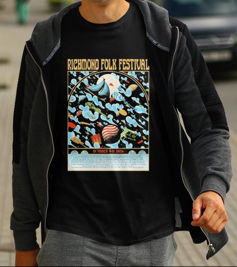 Richmond Folk Festival October 9 11 2026 By Christian Taylor Line Up Colorful Instruments And Clouds T-Shirt