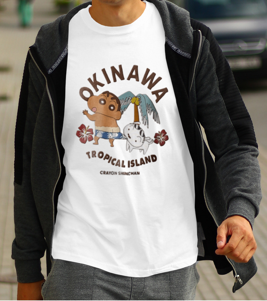 Okinawa Tropical Island Crayon Shin Chan Shinnosuke Nohara Shiro Palm Tree Hibiscus T-Shirt