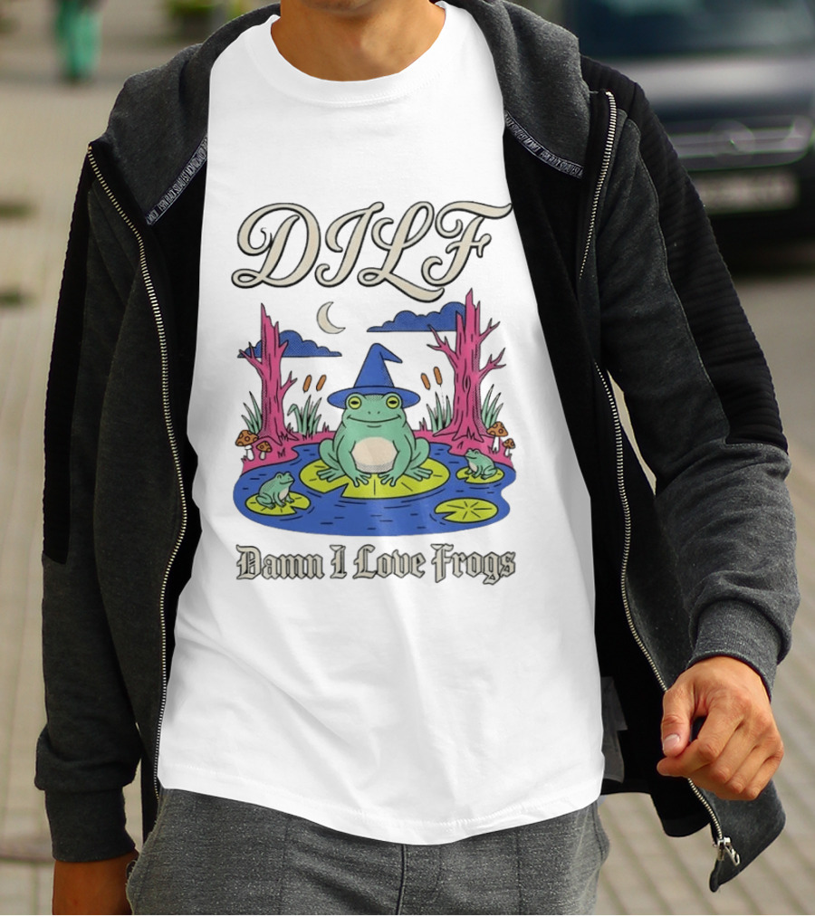 DILF Damn I Love Frogs Cartoon Frog In Pond With Wizard Hat T-Shirt