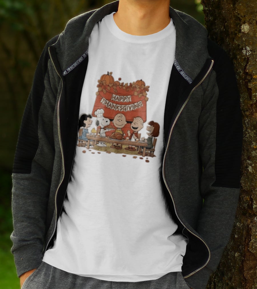 Peanuts Charlie Brown Snoopy Woodstock Lucy Linus Happy Thanksgiving Holiday Celebration T-Shirt