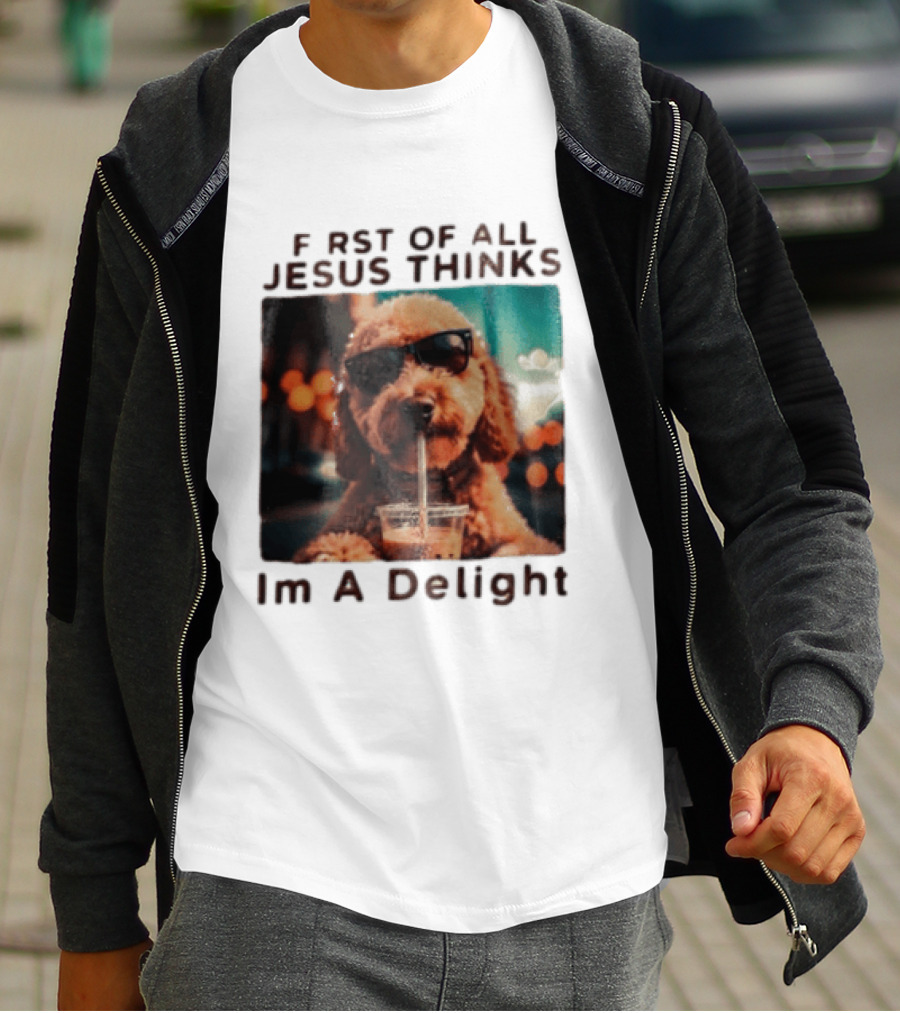 First Of All Jesus Thinks I'm A Delight Brown Poodle Sunglasses Drinking T-Shirt
