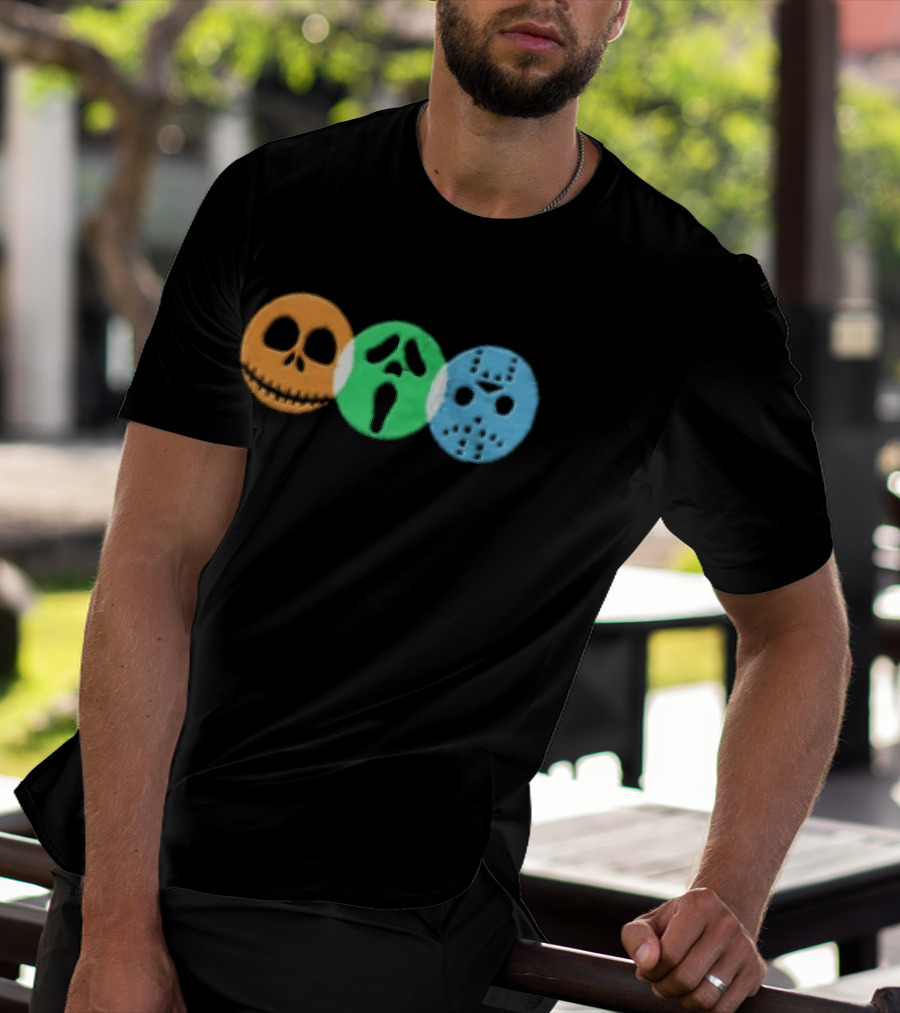 Halloween Horror Characters Colorful Circles Skulls And Masks T-Shirt
