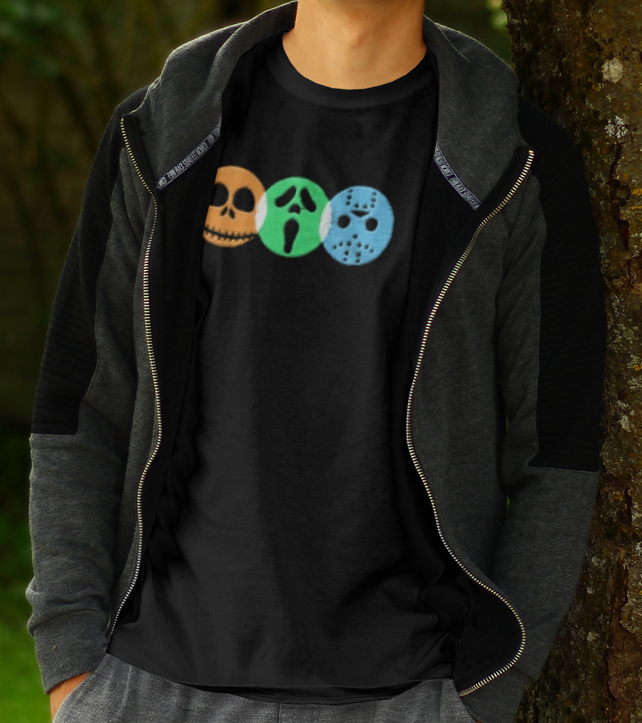 Halloween Horror Characters Colorful Circles Skulls And Masks T-Shirt