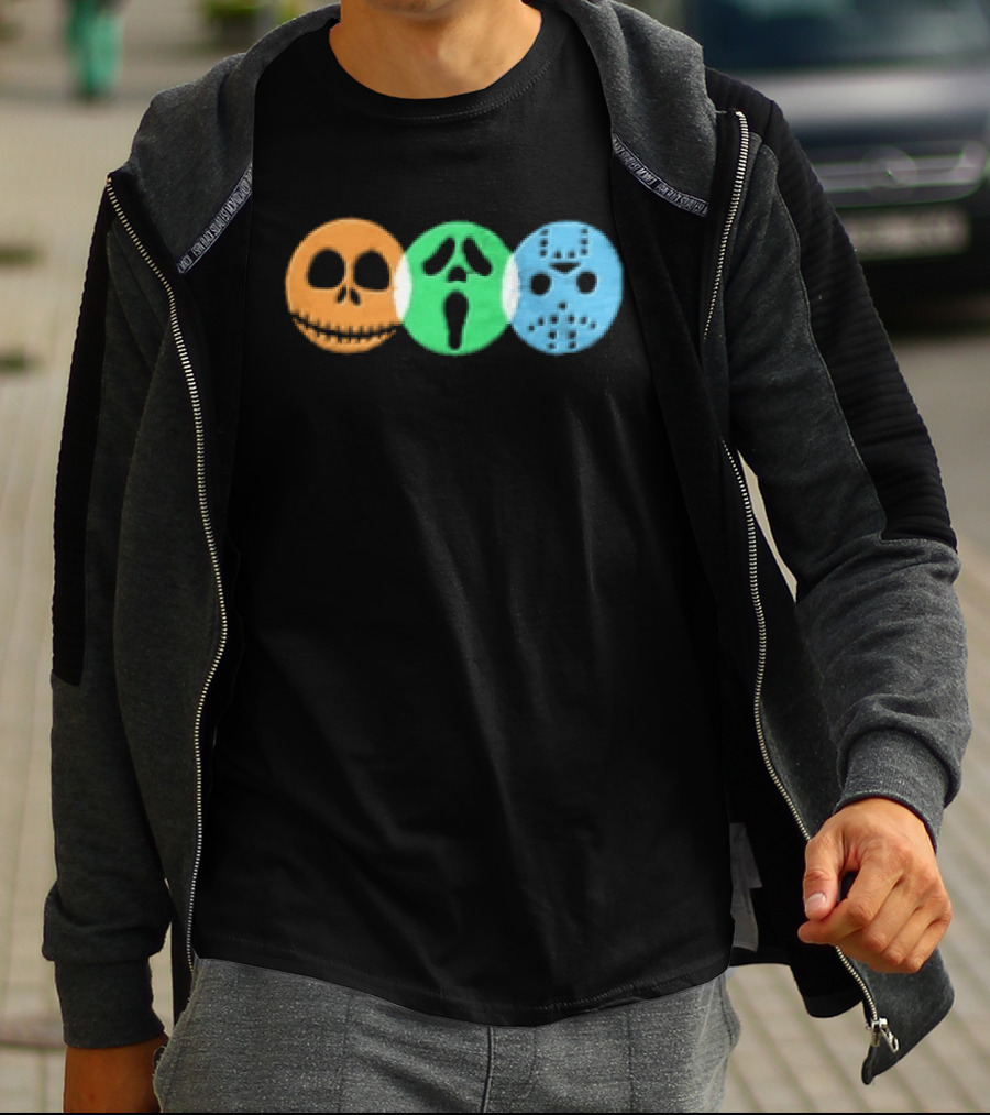 Halloween Horror Characters Colorful Circles Skulls And Masks T-Shirt