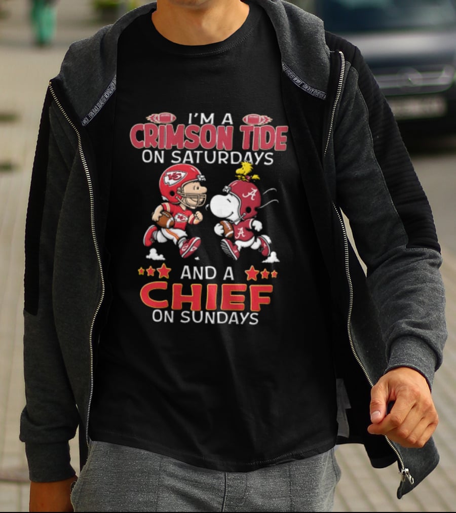 I'm A Crimson Tide On Saturdays And A Chief On Sundays Football Peanuts Characters T-Shirt