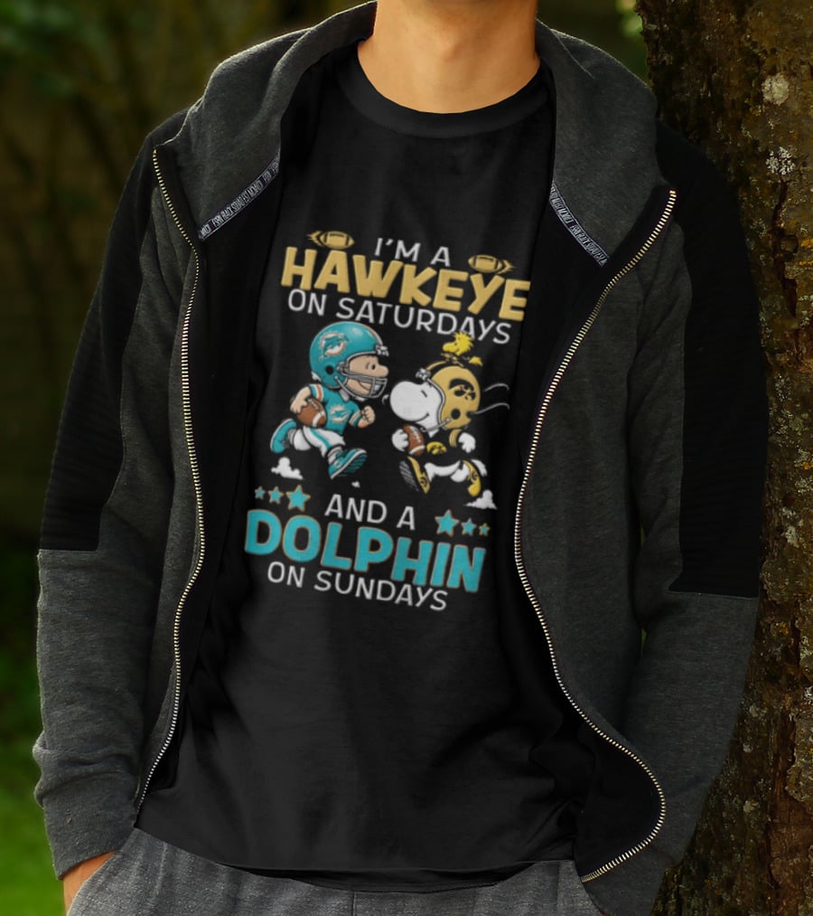 Hawkeye On Saturdays Dolphin On Sundays Charlie Brown Snoopy Woodstock Football T-Shirt