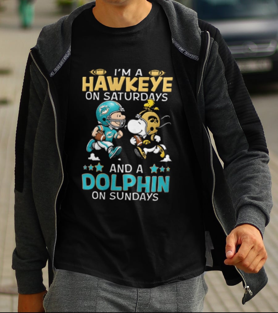Hawkeye On Saturdays Dolphin On Sundays Charlie Brown Snoopy Woodstock Football T-Shirt