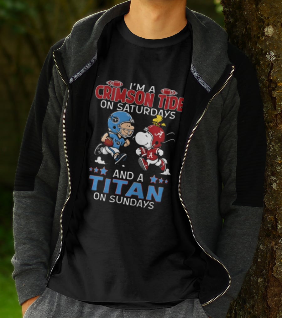 I'm A Crimson Tide On Saturdays And A Titan On Sundays Charlie Brown Snoopy Woodstock Football T-Shirt