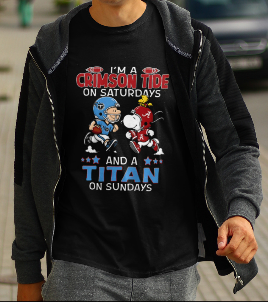 I'm A Crimson Tide On Saturdays And A Titan On Sundays Charlie Brown Snoopy Woodstock Football T-Shirt
