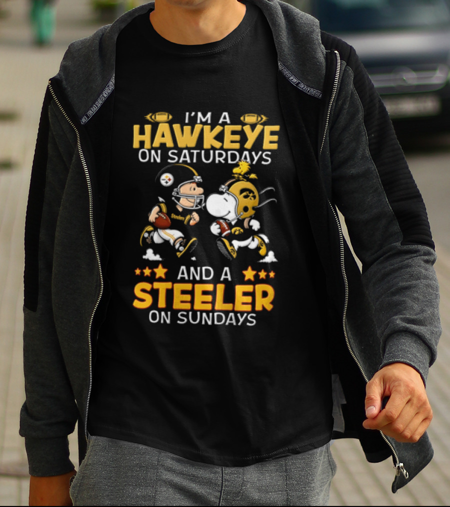 I'm A Hawkeye On Saturdays And A Steeler On Sundays Charlie Brown Snoopy Woodstock Football T-Shirt