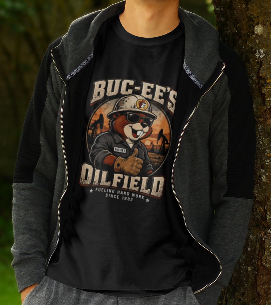 Buc Ee's Oilfield Beaver Hard Hat Sunglasses Thumbs Up Fueling Hard Work Since 1982 T-Shirt