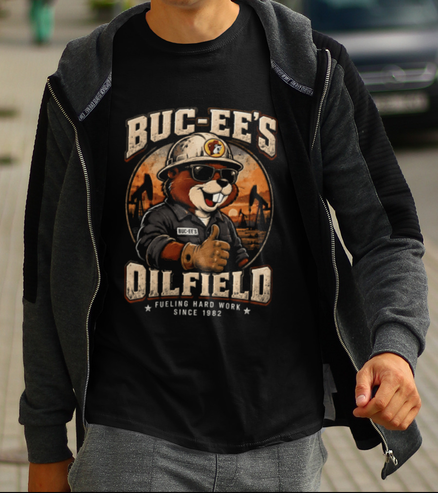 Buc Ee's Oilfield Beaver Hard Hat Sunglasses Thumbs Up Fueling Hard Work Since 1982 T-Shirt