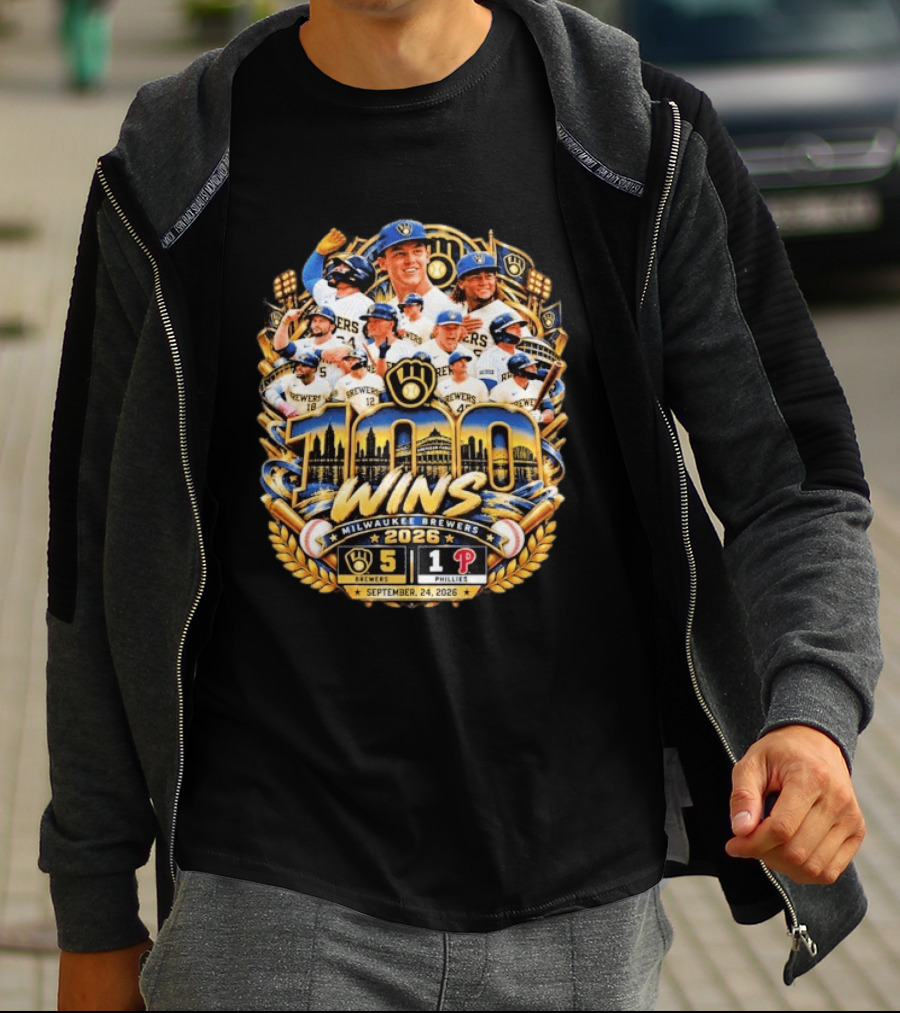 Milwaukee Brewers 100 Wins Celebration Vs Philadelphia Phillies September 24 2026 T-Shirt