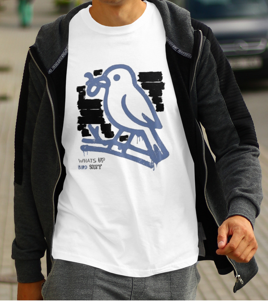 Drewtube What Up Bird Shit Funny Sparrow Holding Curling Shovel T-Shirt