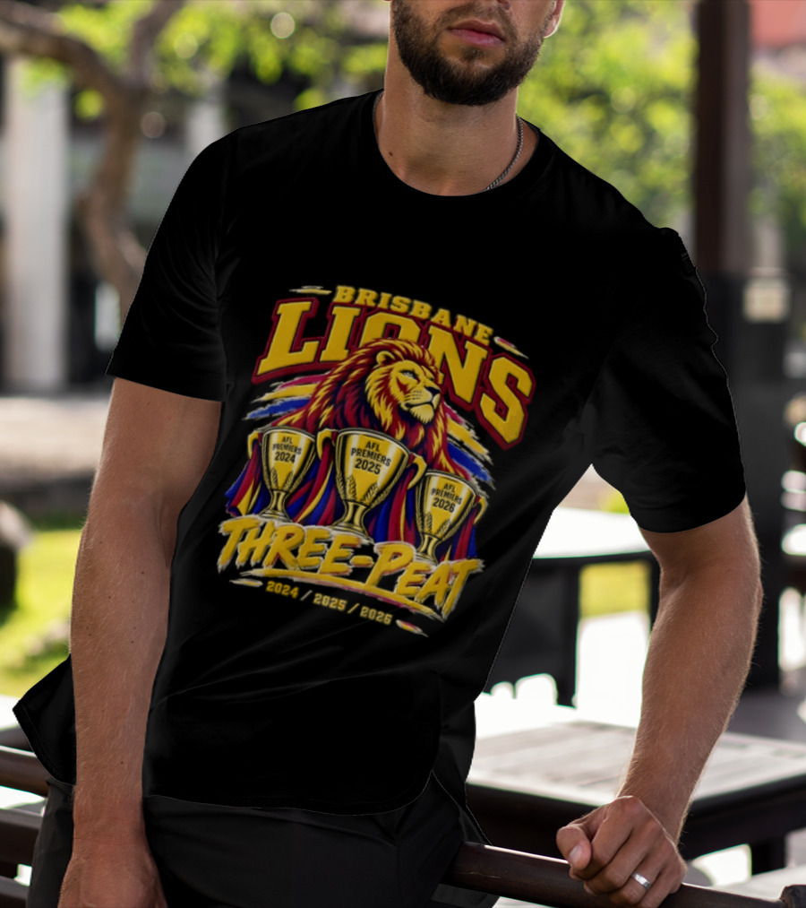 Brisbane Lions Three Peat 2024 2025 2026 Premiership Lion Trophy Celebration T-Shirt