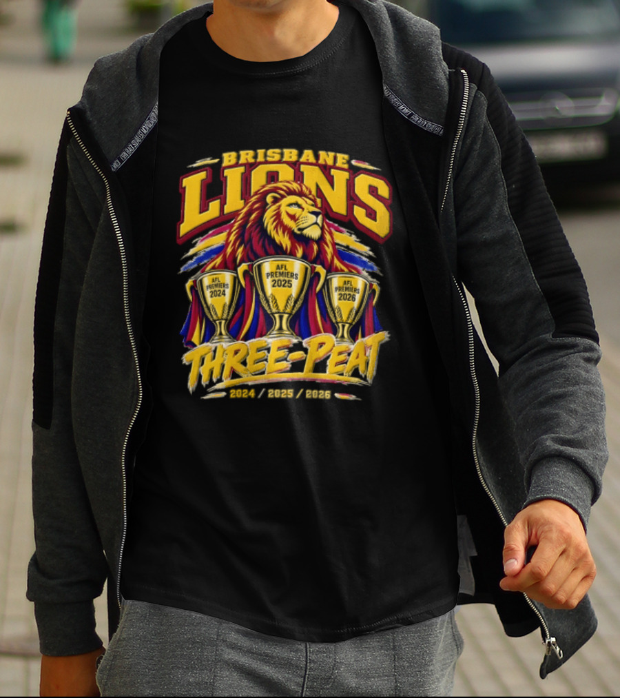 Brisbane Lions Three Peat 2024 2025 2026 Premiership Lion Trophy Celebration T-Shirt