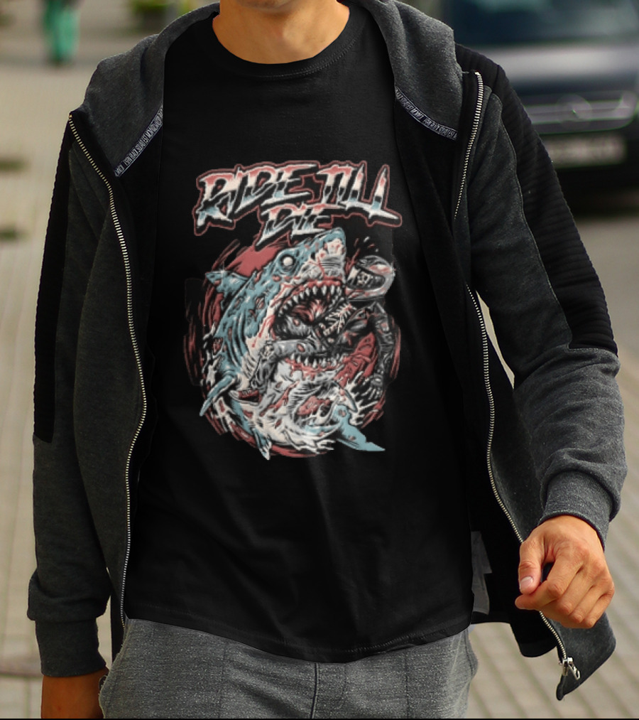Ride Till Die Skeleton Biker Eaten By Shark T-Shirt