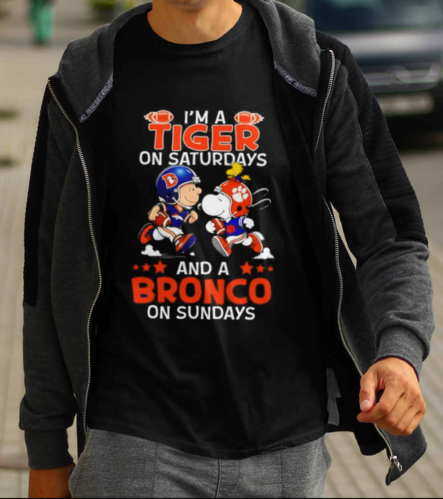 Snoopy And Charlie Brown I'm A Tiger On Saturdays And A Bronco On Sundays Football Fun T-Shirt
