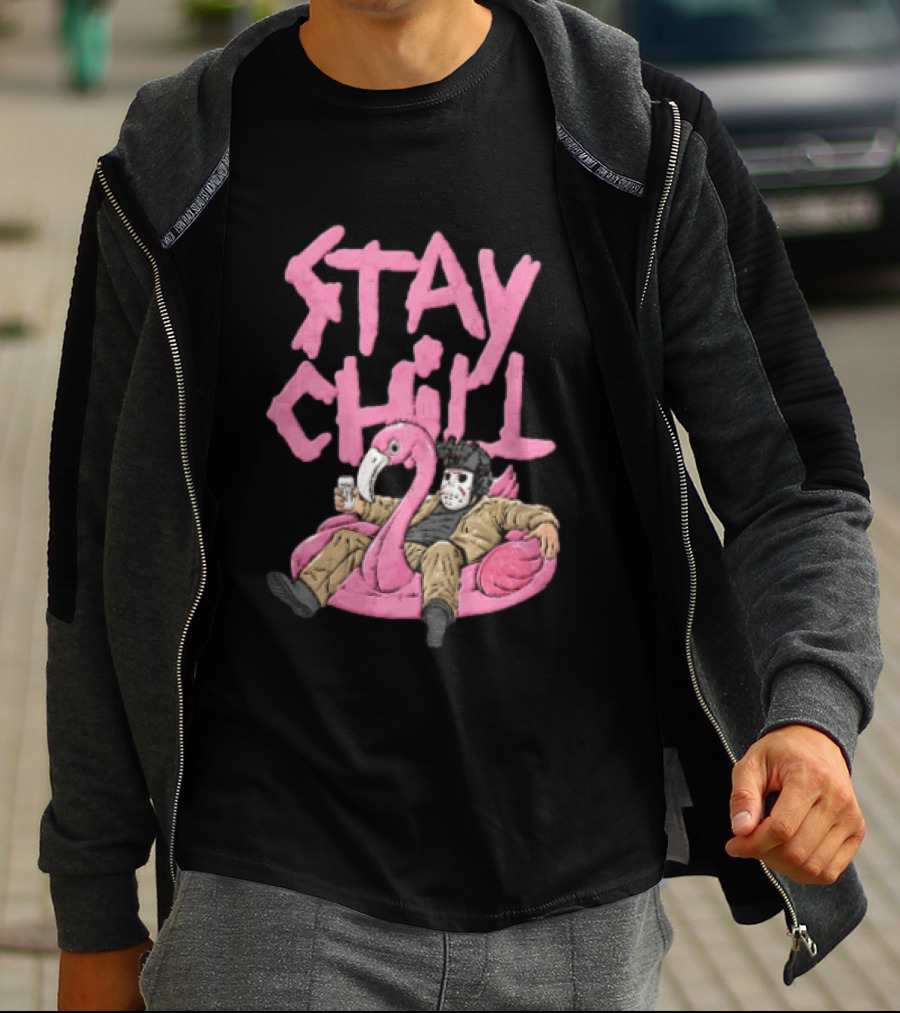 Stay Chill Jason Voorhees Energy Drink Pink Flamingo Float T-Shirt