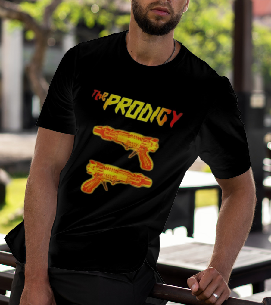 The Prodigy Rayguns Yellow And Red Bold Lettering With Dual Ray Guns T-Shirt
