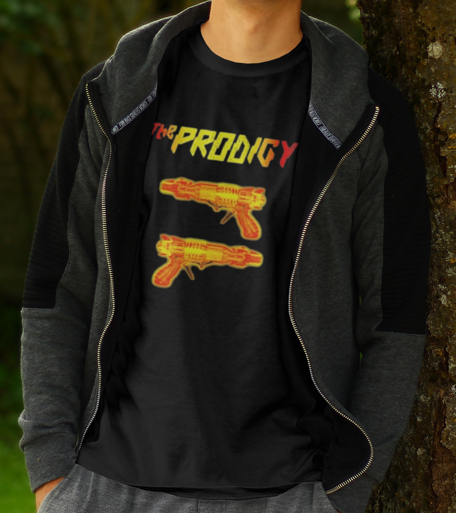 The Prodigy Rayguns Yellow And Red Bold Lettering With Dual Ray Guns T-Shirt
