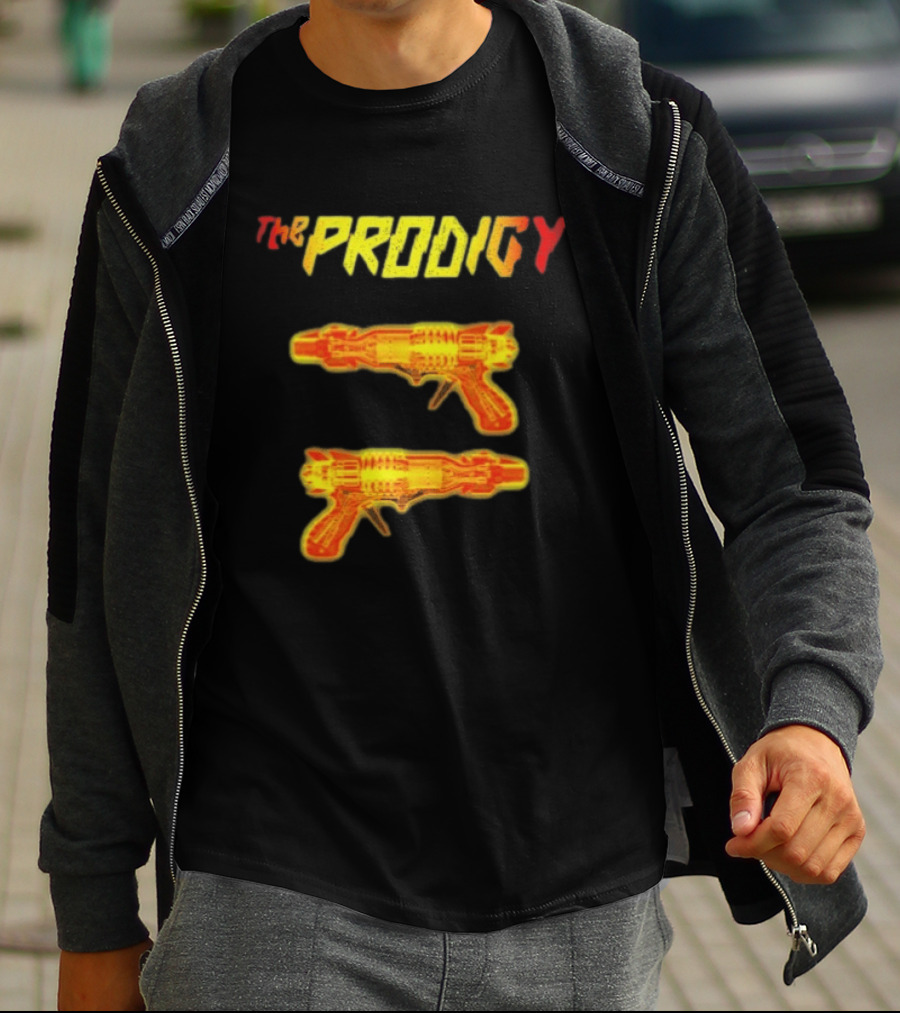 The Prodigy Rayguns Yellow And Red Bold Lettering With Dual Ray Guns T-Shirt