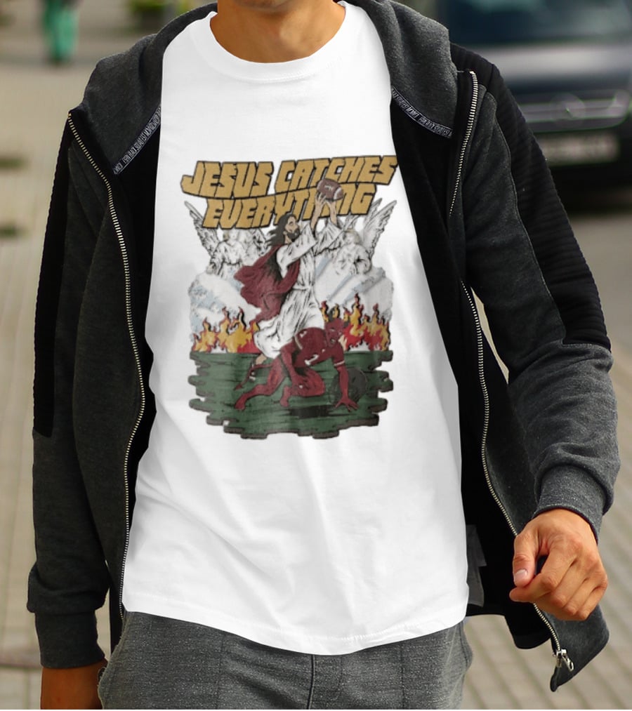 Jesus Catches Everything Angel Vs Devil Football Battle T-Shirt