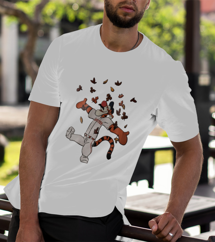 Tigger In Boston Baseball Uniform Enjoying Falling Leaves T-Shirt
